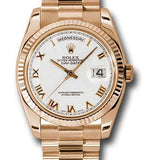 Rolex Pink Gold Day-Date 36 Watch - Fluted Bezel - White Roman Dial - President Bracelet - 118235 wrp