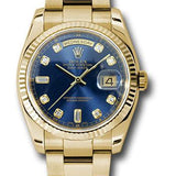 Rolex Yellow Gold Day-Date 36 Watch - Fluted Bezel - Blue Diamond Dial - Oyster Bracelet - 118238 bdo