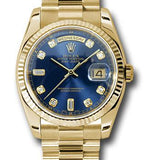 Rolex Yellow Gold Day-Date 36 Watch - Fluted Bezel - Blue Diamond Dial - President Bracelet - 118238 bdp