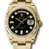 Rolex Yellow Gold Day-Date 36 Watch - Fluted Bezel - Black Diamond Dial - Oyster Bracelet - 118238 bkdo