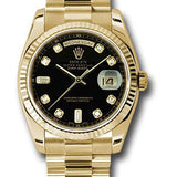 Rolex Yellow Gold Day-Date 36 Watch - Fluted Bezel - Black Diamond Dial - President Bracelet - 118238 bkdp