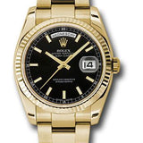 Rolex Yellow Gold Day-Date 36 Watch - Fluted Bezel - Black Index Dial - Oyster Bracelet - 118238 bkso