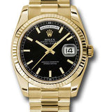 Rolex Yellow Gold Day-Date 36 Watch - Fluted Bezel - Black Index Dial - President Bracelet - 118238 bksp