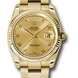 Rolex Yellow Gold Day-Date 36 Watch - Fluted Bezel - Champagne Arabic Dial - Oyster Bracelet - 118238 chao