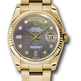 Rolex Yellow Gold Day-Date 36 Watch - Fluted Bezel - Dark Mother-Of-Pearl Diamond Dial - Oyster Bracelet - 118238 dkmdo