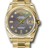 Rolex Yellow Gold Day-Date 36 Watch - Fluted Bezel - Dark Mother-Of-Pearl Diamond Dial - President Bracelet - 118238 dkmdp