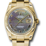 Rolex Yellow Gold Day-Date 36 Watch - Fluted Bezel - Dark Mother-Of-Pearl Roman Dial - Oyster Bracelet - 118238 dkmro