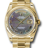 Rolex Yellow Gold Day-Date 36 Watch - Fluted Bezel - Dark Mother-Of-Pearl Roman Dial - President Bracelet - 118238 dkmrp