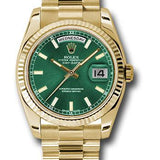 Rolex Yellow Gold Day-Date 36 Watch - Fluted Bezel - Green Index Dial - President Bracelet - 118238 grip