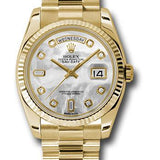 Rolex Yellow Gold Day-Date 36 Watch - Fluted Bezel - Mother-Of-Pearl Diamond Dial - President Bracelet - 118238 mdp