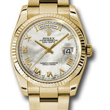 Rolex Yellow Gold Day-Date 36 Watch - Fluted Bezel - Mother-Of-Pearl Roman Dial - Oyster Bracelet - 118238 mro