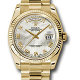 Rolex Yellow Gold Day-Date 36 Watch - Fluted Bezel - Mother-Of-Pearl Roman Dial - President Bracelet - 118238 mrp