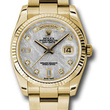 Rolex Yellow Gold Day-Date 36 Watch - Fluted Bezel - Meteorite Diamond Dial - Oyster Bracelet - 118238 mtdo