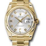 Rolex Yellow Gold Day-Date 36 Watch - Fluted Bezel - Silver Diamond Dial - President Bracelet - 118238 sdp