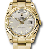 Rolex Yellow Gold Day-Date 36 Watch - Fluted Bezel - Silver Index Dial - Oyster Bracelet - 118238 sio