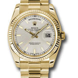 Rolex Yellow Gold Day-Date 36 Watch - Fluted Bezel - Silver Index Dial - President Bracelet - 118238 sip