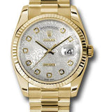 Rolex Yellow Gold Day-Date 36 Watch - Fluted Bezel - Silver Jubilee Diamond Dial - President Bracelet - 118238 sjdp