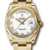 Rolex Yellow Gold Day-Date 36 Watch - Fluted Bezel - White Roman Dial - Oyster Bracelet - 118238 wro