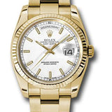 Rolex Yellow Gold Day-Date 36 Watch - Fluted Bezel - White Index Dial - Oyster Bracelet - 118238 wso