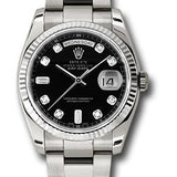 Rolex White Gold Day-Date 36 Watch - Fluted Bezel - Black Diamond Dial - Oyster Bracelet - 118239 bkdo