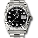 Rolex White Gold Day-Date 36 Watch - Fluted Bezel - Black Diamond Dial - President Bracelet - 118239 bkdp