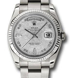 Rolex White Gold Day-Date 36 Watch - Fluted Bezel - Meteorite Diamond Dial - Oyster Bracelet - 118239 mtado