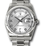 Rolex White Gold Day-Date 36 Watch - Fluted Bezel - Silver Diamond Dial - President Bracelet - 118239 sdp