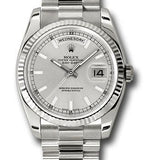 Rolex White Gold Day-Date 36 Watch - Fluted Bezel - Silver Index Dial - President Bracelet - 118239 ssp