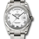 Rolex White Gold Day-Date 36 Watch - Fluted Bezel - White Roman Dial - Oyster Bracelet - 118239 wro