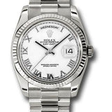 Rolex White Gold Day-Date 36 Watch - Fluted Bezel - White Roman Dial - President Bracelet - 118239 wrp