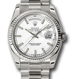 Rolex White Gold Day-Date 36 Watch - Fluted Bezel - White Index Dial - President Bracelet - 118239 wsp