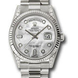 Rolex White Gold Day-Date 36 Watch - Fluted Bezel - Mother-Of-Pearl Diamond Dial - President Bracelet - 118339 mdp