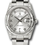 Rolex White Gold Day-Date 36 Watch - Fluted Bezel - Silver Diamond Dial - Oyster Bracelet - 118339 sdo