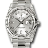 Rolex White Gold Day-Date 36 Watch - Fluted Bezel - Silver Diamond Dial - President Bracelet - 118339 sdp