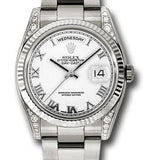 Rolex White Gold Day-Date 36 Watch - Fluted Bezel - White Roman Dial - Oyster Bracelet - 118339 wro