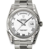 Rolex White Gold Day-Date 36 Watch - Fluted Bezel - White Roman Dial - President Bracelet - 118339 wrp