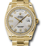 Rolex Yellow Gold Day-Date 36 Watch -  Bezel - Silver Diamond Dial - President Bracelet - 118348 sdp