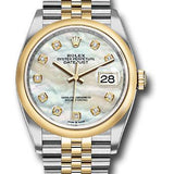 Rolex Steel and Yellow Gold Rolesor Datejust 36 Watch - Domed Bezel - White Mother-Of-Pearl Diamond Dial - Jubilee Bracelet - 126203 mdj