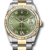 Rolex Steel and Yellow Gold Rolesor Datejust 36 Watch - Fluted Bezel - Olive Green Roman Dial - Oyster Bracelet - 126233 ogdr69o