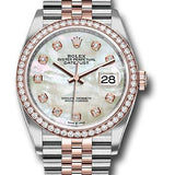 Rolex Steel and Everose Rolesor Datejust 36 Watch - Diamond Bezel - White Mother-Of-Pearl Diamond Dial - Jubilee Bracelet - 126281RBR mdj