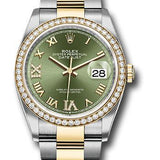 Rolex Steel and Yellow Gold Rolesor Datejust 36 Watch - Diamond Bezel - Olive Green Roman Dial - Oyster Bracelet - 126283RBR ogdr69o