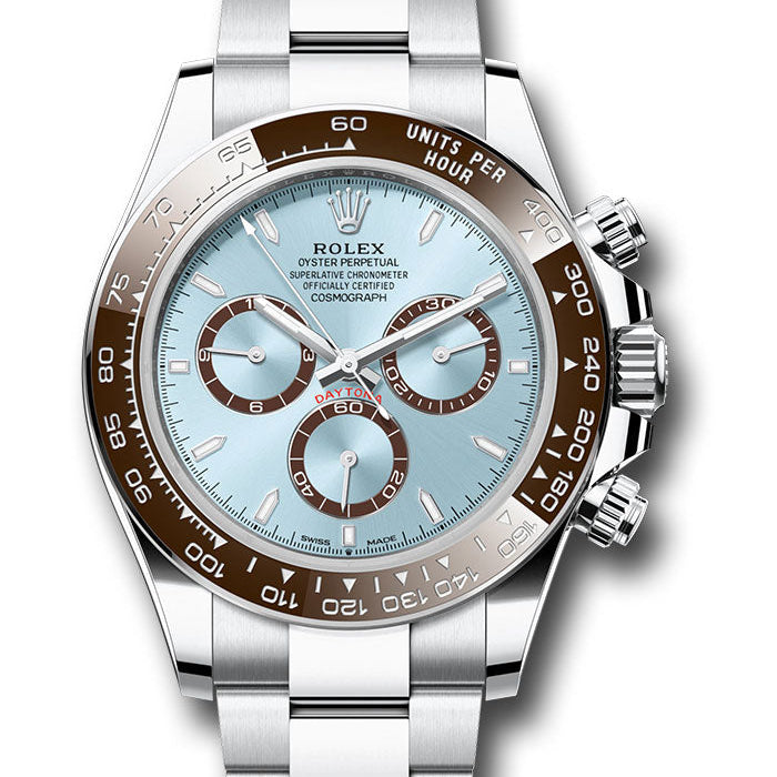 Rolex Platinum Cosmograph Daytona Watch - Chestnut Brown Cerachrom Bezel - Ice Blue Index Dial - Oyster Bracelet - 126506 ibio