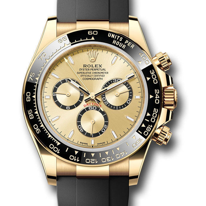 Rolex Yellow Gold Cosmograph Daytona Watch - Black Cerachrom Bezel - Golden Index Dial - Oysterflex Strap - 126518ln chiof