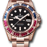 Rolex Everose GMT-Master II 40 Watch - Diamond Lugs - Diamond Sapphire Emerald Bezel - Black Dial - Oyster Bracelet - 126755SARU bk