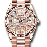 Rolex Everose Gold Day-Date 36 Watch - Fluted Bezel - Diamond-Paved Rainbow Sapphire Dial - President Bracelet - 128235 dprsp