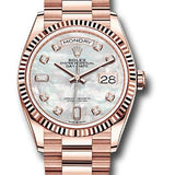 Rolex Everose Gold Day-Date 36 Watch - Fluted Bezel - Mother-of-Pearl Diamond Dial - President Bracelet - 128235 mdp