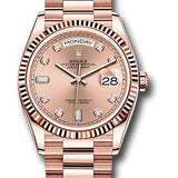 Rolex Everose Gold Day-Date 36 Watch - Fluted Bezel - Rose Diamond Dial - President Bracelet - 128235 rodp