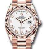 Rolex Everose Gold Day-Date 36 Watch - Fluted Bezel - White Roman Dial - President Bracelet - 128235 wrp