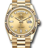 Rolex Yellow Gold Day-Date 36 Watch - Fluted Bezel - Champagne Diamond Dial - President Bracelet - 128238 chdp