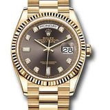 Rolex Yellow Gold Day-Date 36 Watch - Fluted Bezel - Dark Grey Diamond Dial - President Bracelet - 128238 dkgdp